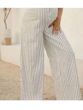 Maternity Striped Wide-Leg Linen Blend Pants - Cream/Black